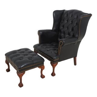 McKinley Chippendale Tufted Black Leather Wing Chair & Ottoman For Sale