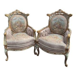 1940 French Louis XVI Pastel Beech Bergère Chairs - Pair For Sale
