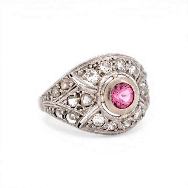 Art Deco Antique Art Deco Platinum Ring - Pink Tourmaline & Diamonds - Circa 1920, Size 5 For Sale - Image 3 of 6