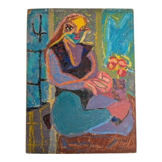 Vintage Mid-Century Expressionist Seated Woman, Oil Painting on Board, Unsigned For Sale