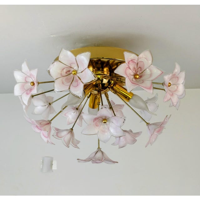 Murano Style Flush Mount Light Pink Flower Ceiling Light Glass Chandelier For Sale - Image 4 of 14