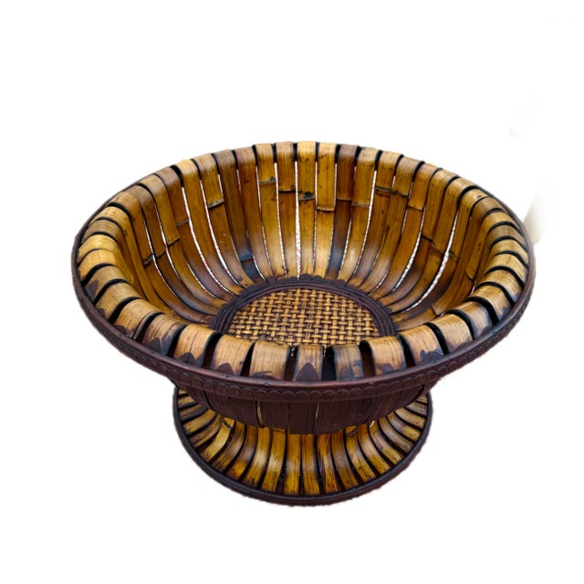 Wood Vintage Bamboo and Rattan Hand Woven Pedestal Centerpiece For Sale - Image 7 of 10