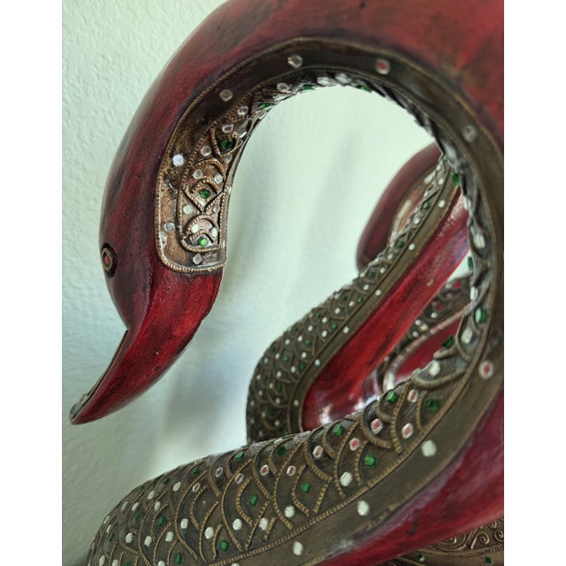 Three Large Asian Wood Carved Duck Statues With Mirror Inlay For Sale - Image 14 of 17