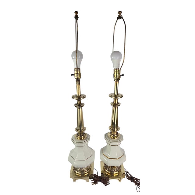 Metal 1960s Stiffel Brass and Porcelain Table Lamps, a Pair For Sale - Image 7 of 15