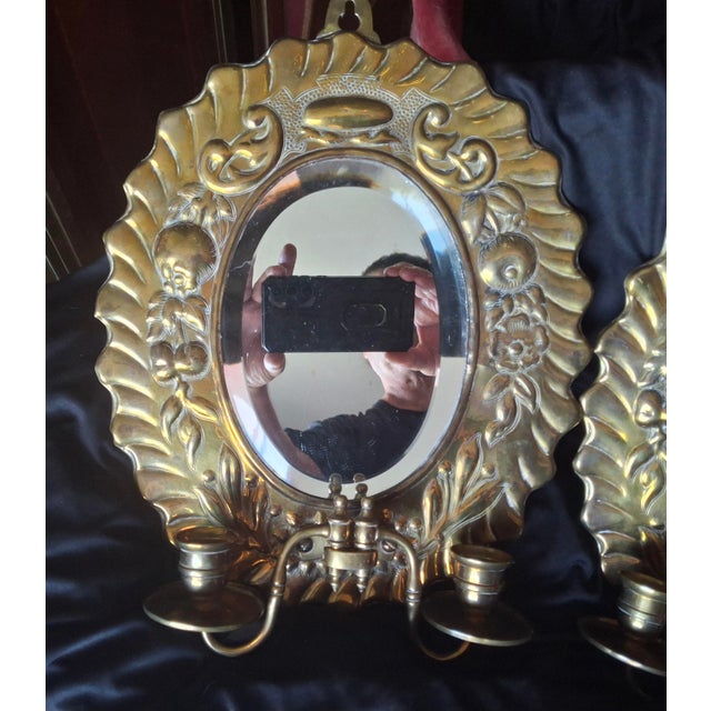 Pair c1820 British Georgian Brass Repousse Mirrored Candle Wall Sconces. Original bevelled mirrors in very good condition....