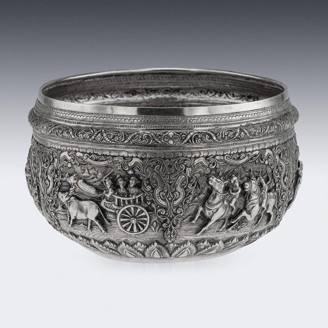 Antique Burmese Repoussé Silver Jataka Tales Bowl, 1910 For Sale - Image 3 of 18