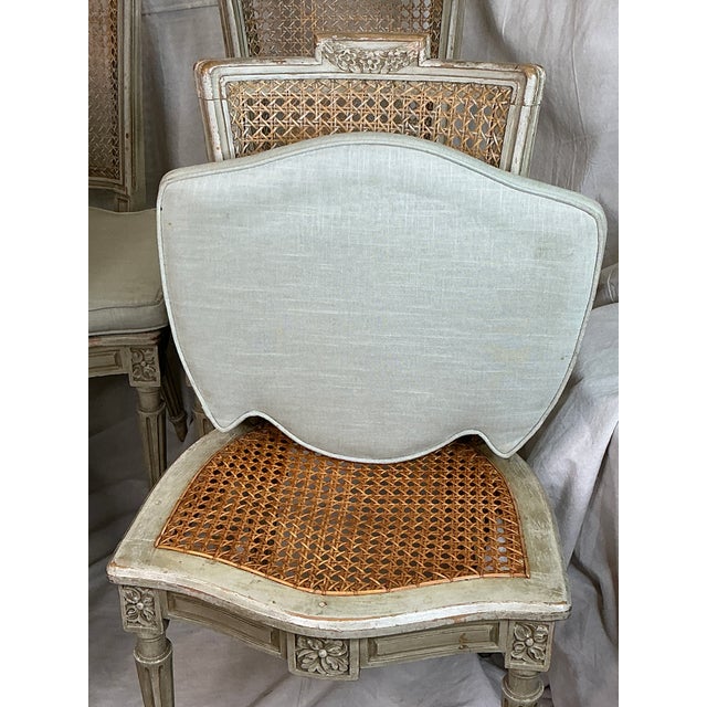 1980s Set of 5 French Louis XVI Style Caned Dining Chairs in Distressed Finish For Sale - Image 11 of 18