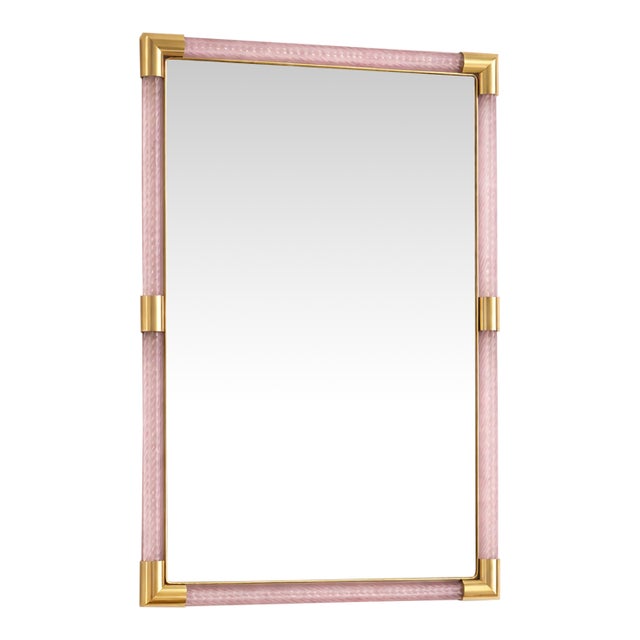 Contemporary Rectangular Pink and Gold Mirror With “Torchon” Murano Glass For Sale