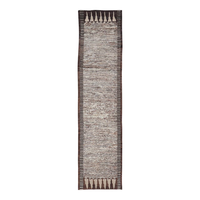 Modern Runner in Solid Minimalist Design & All Around Kilim Border in Brown 3'10 X 16'1 For Sale
