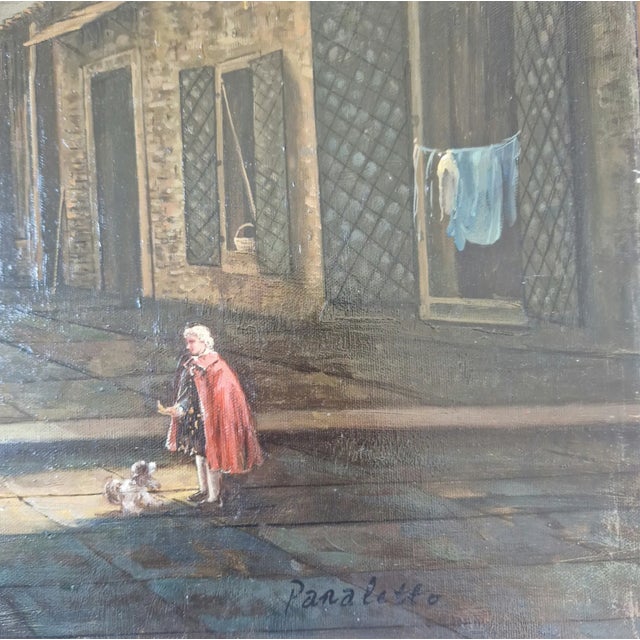 Realism Mid-20th Century Signed Panarello - Italian Courtyard Scene With Figures, Oil on Canvas For Sale - Image 3 of 4