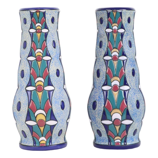 Art Deco Ceramic Amphora Vases with Enamel, 1915, Set of 2 For Sale