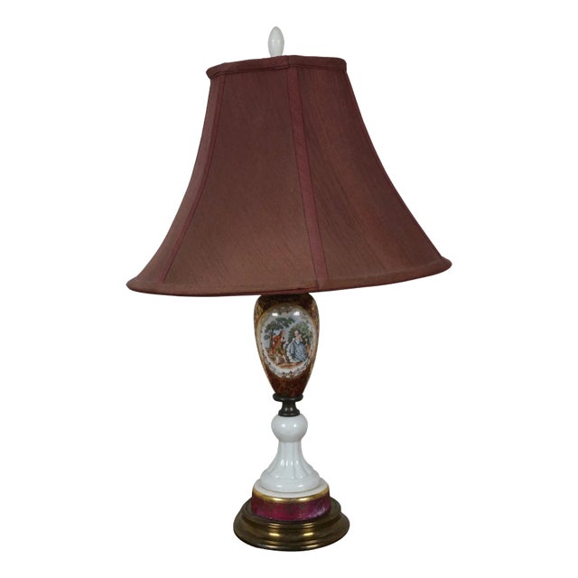Mid 20th Century French Provincial Sevres Style Porcelain Gilt Burgundy Vanity Table Lamp For Sale