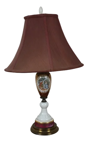 Mid 20th Century French Provincial Sevres Style Porcelain Gilt Burgundy Vanity Table Lamp