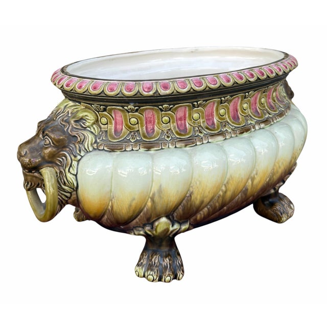 1900 - 1909 Antique Art Nouveau Lion Head Majolica Pottery Jardiniere by Julius Dressler For Sale - Image 5 of 6