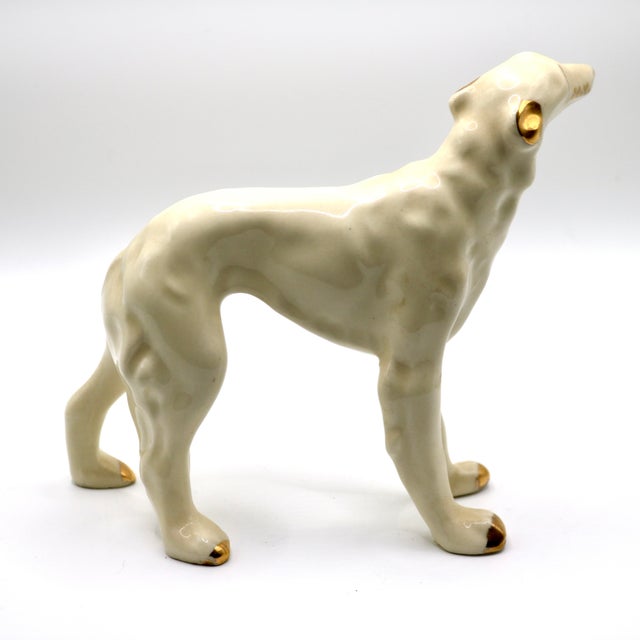 Mid-Century Modern Mid-Century Modern White Glazed Ceramic Greyhound Figurine With Gold Accents For Sale - Image 3 of 9