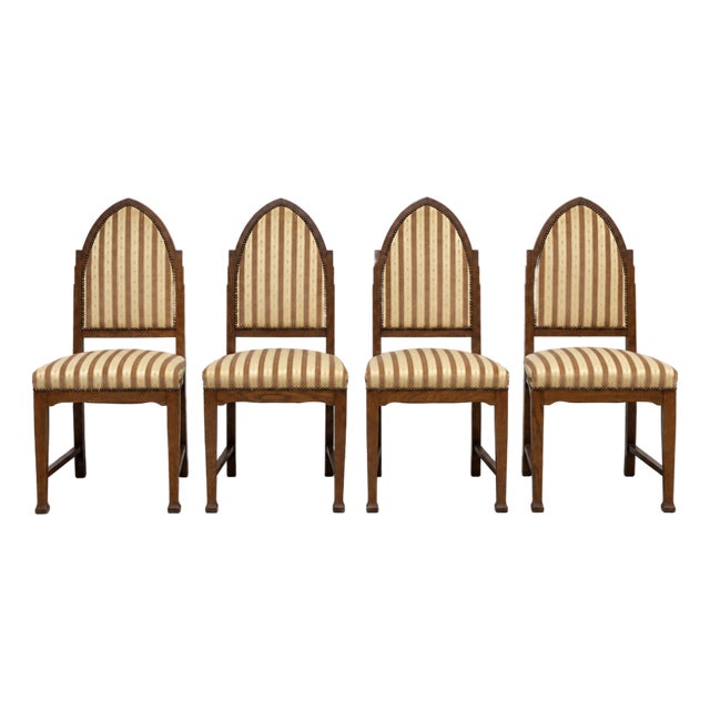 Set of Four - Amsterdam School Art Deco Oak Dining Chairs, Netherlands, C. 1930s For Sale