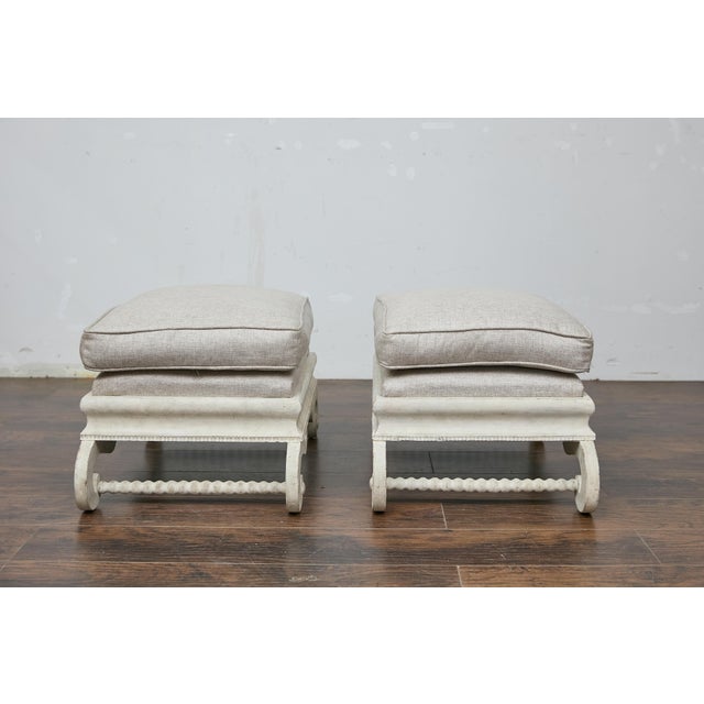 White Pair of 1920s Continental Upholstered Ottomans with Carved S-Scroll Bases For Sale - Image 8 of 11