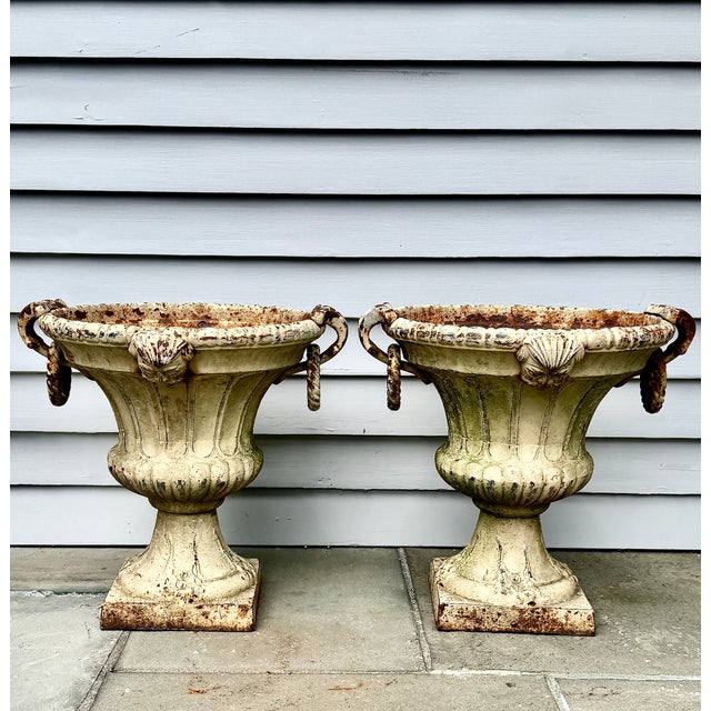 Pair 19th Century White Painted Cast Iron Garden Urns With Ring Handles and Masks For Sale - Image 4 of 17