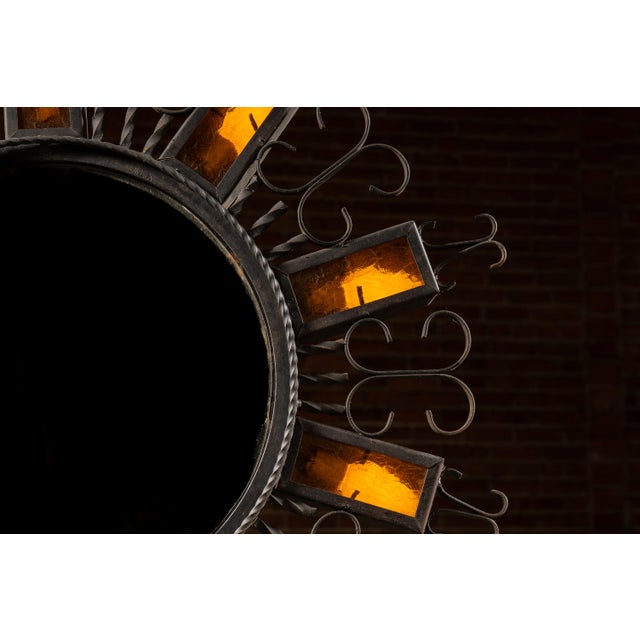 Mid 20th Century Vintage Spanish Revival Wrought Iron Sunburst Mirrored Light Fixture For Sale - Image 5 of 7