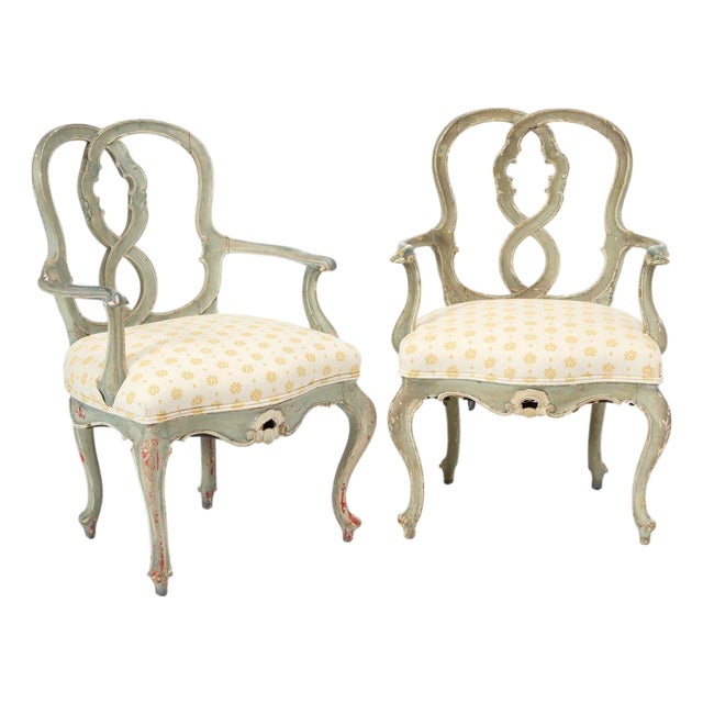 Pair of 19th C. Painted Louis XV Armchairs With Openwork Scroll Backs For Sale