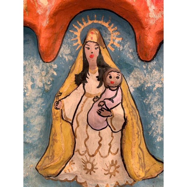 Beautiful three dimensional hand crafted papier-mâché wall plaque depicting Patrona de la Cuba, signed. Rich, vibrant...