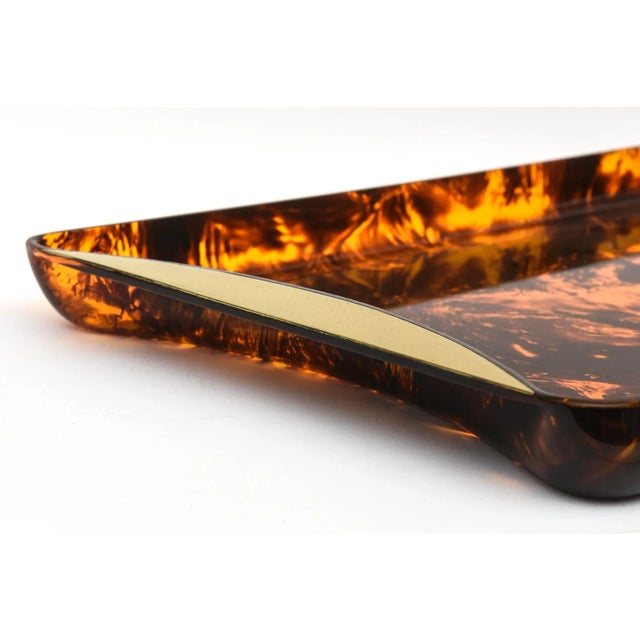 Rede Guzzini Italian Rede Guzzini Large Faux Tortoise Lucite Tray With Brass Handles 1970's Restored For Sale - Image 4 of 10