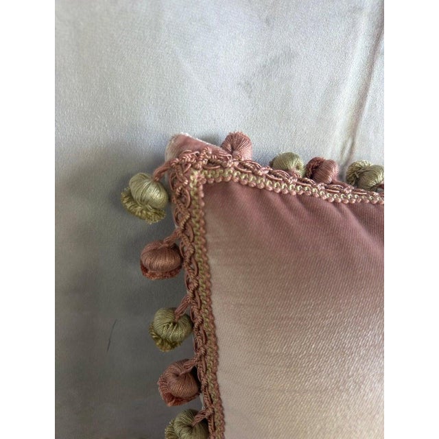 Pair of French Couture Blush Silk Velvet Pillows With 19th Century Appliques' For Sale - Image 11 of 12