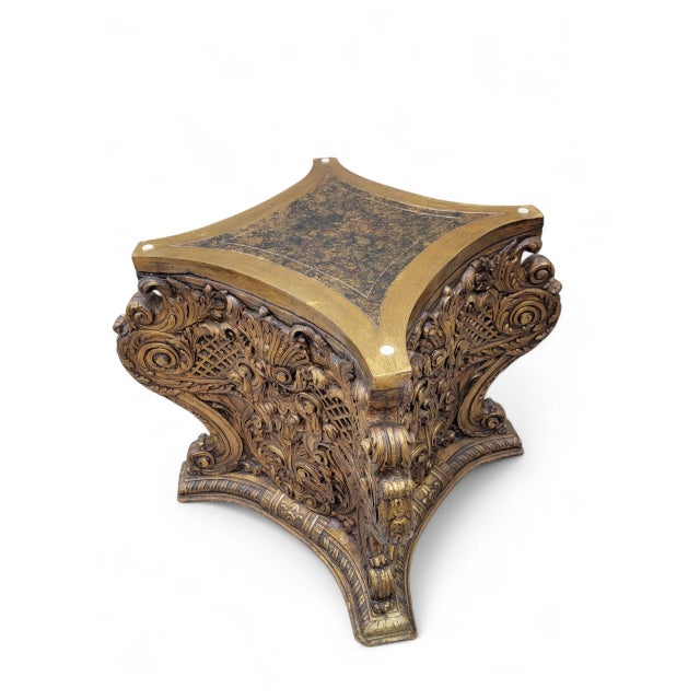 Antique Italian Architectural Carved Ornate Gilt Wood Base Dining/Center Table with Glass Top Striking and sculptural,...
