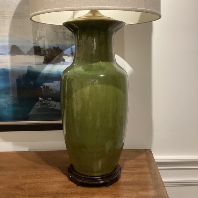 Late 20th Century Hollywood Regency Monumental Olive Green Ceramic Lamps With Satin Brass Hardware and Linen Drum Shades - a Pair For Sale - Image 10 of 11