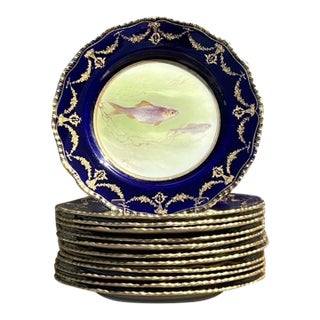 Vintage Gilt Tipped Doulton Burslem Fish Plates - Set of 12 For Sale