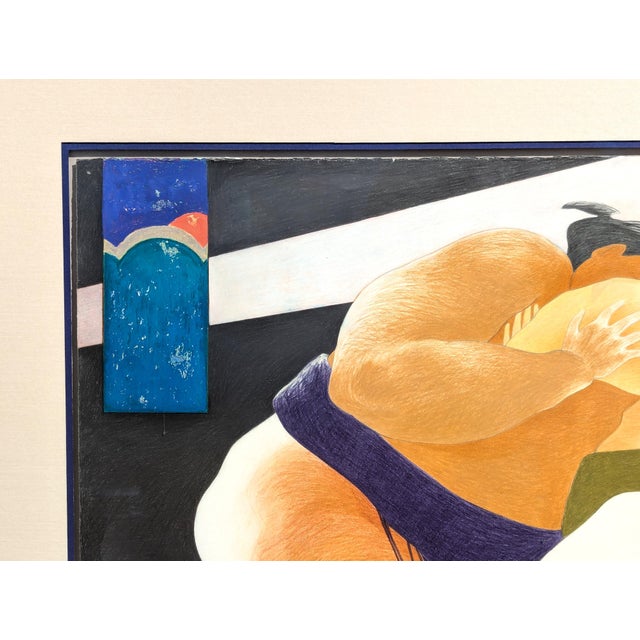 Phyllis Steele Modern Colorful Pastel Drawing of a Pair of Sumo Wrestlers in Blue and Green, 20th Century For Sale - Image 12 of 12