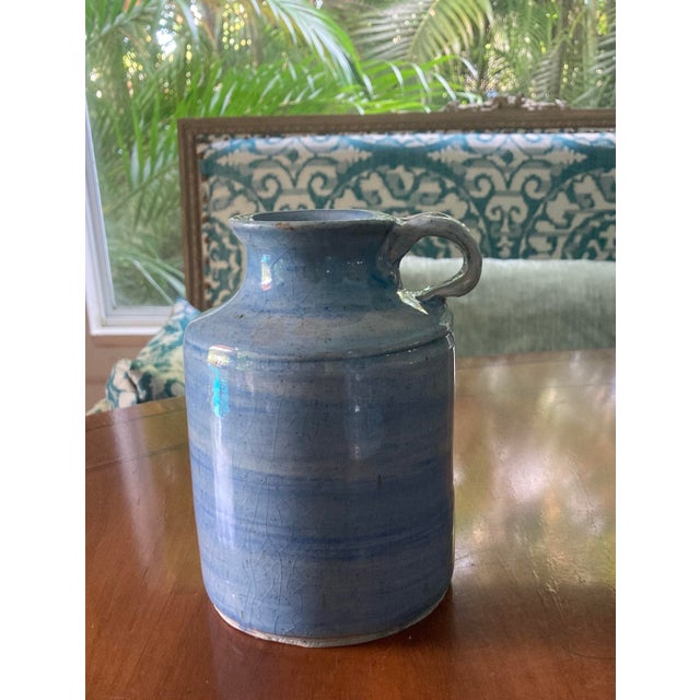 1990s Elegant French Provencal Signed Handmade Blue Ceramic Pitcher For Sale - Image 4 of 6