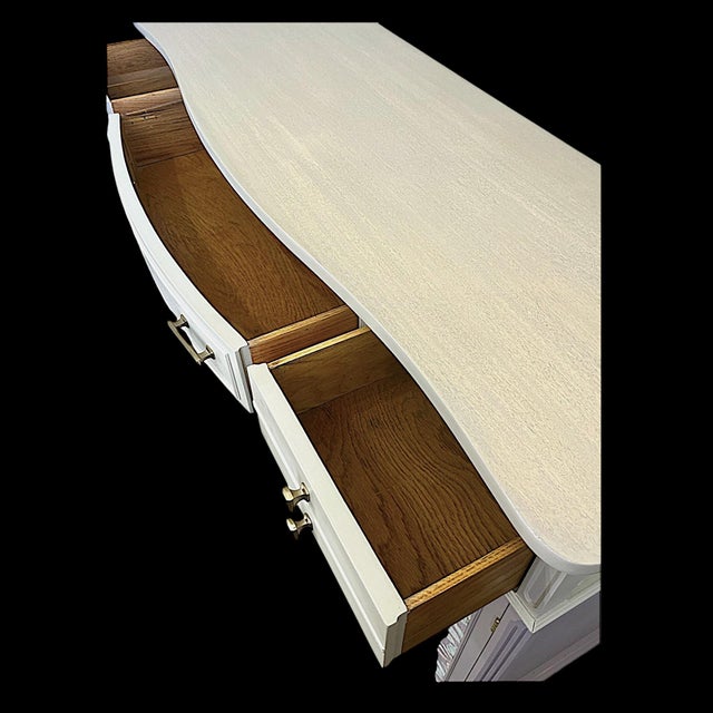 Professionally refinished Hepplewhite style solid wood buffet/credenza/console in a whitewashed coastal vibe- -three...