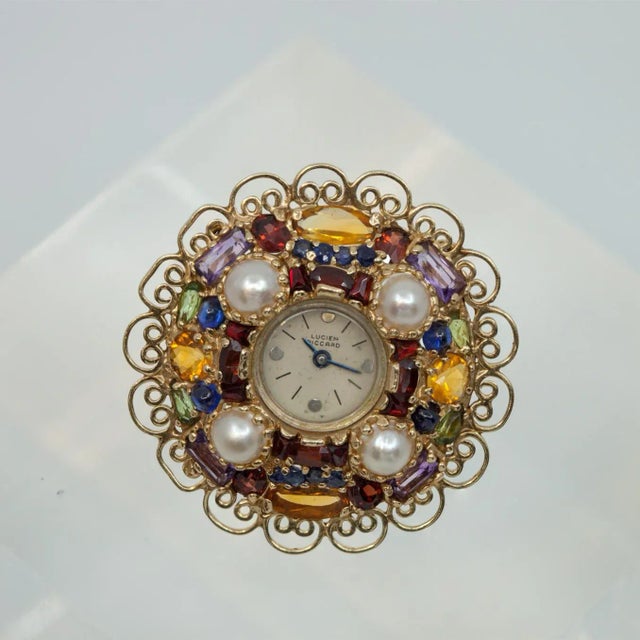 1950s Vintage Lucien Piccard 14k Pearl Multi-Color Gemstone Watch Brooch For Sale - Image 4 of 12