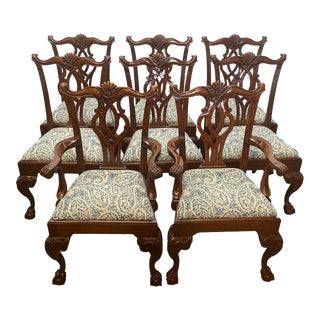 Vintage Chippendale Style Paisley Print Upholstered Seat Mahogany Ball & Claw Foot Dining Chairs - Set of 8 For Sale