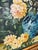 Beautiful vintage oil painting featuring a bouquet of roses and daisies in a blue-and-white vase, housed in an ornate gold...