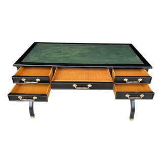 Vintage Hollywood Regency Style Ebonized Desk With Green Leather Top and Brass Details For Sale