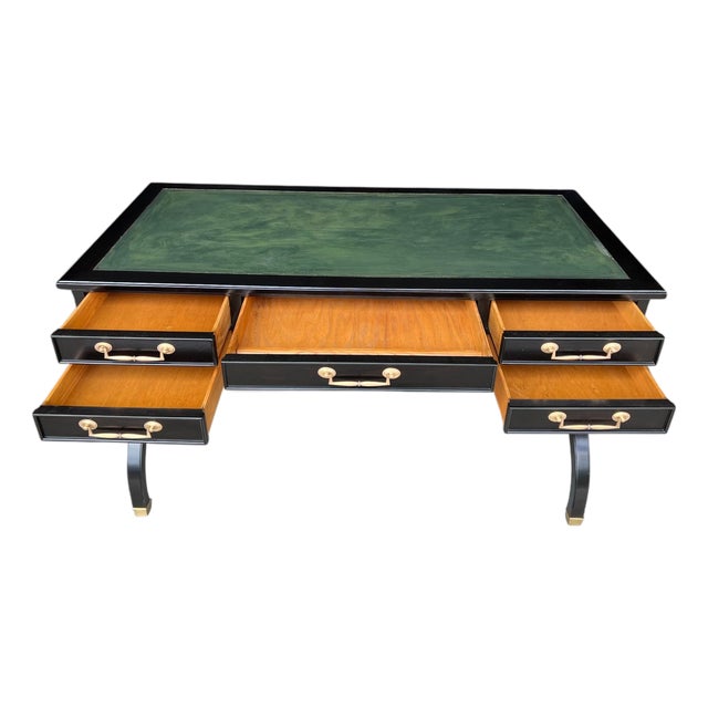 Vintage Hollywood Regency Style Ebonized Desk With Green Leather Top and Brass Details For Sale