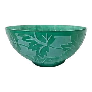 1980s Pilgrim Kelsey Green Oak Leaf Cameo Art Glass Bowl, Kelsey Murphy Signed