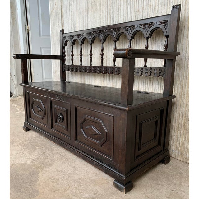 Wood 19th Spanish Carved Hall Bench With Storage For Sale - Image 7 of 13