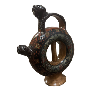 Vintage Peruvian Cusco Art Pottery Hand-Painted Jaguar Doughnut Vessel