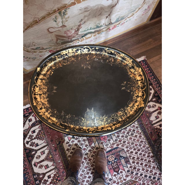 Black and gold oval Papier Mache tray with later faux bamboo English Regency Style custom base.