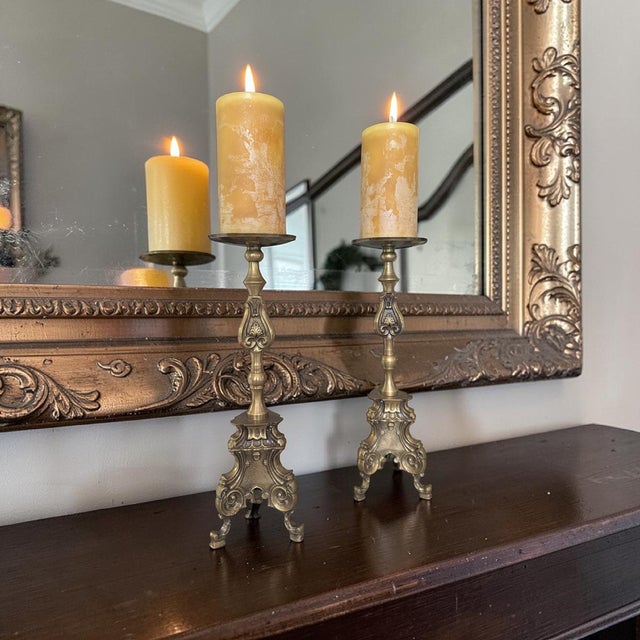 Early 20th Century Antique Belle Epoque Bronze Altar Candle Holders-a Pair For Sale - Image 5 of 17