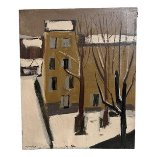 City Scene with Houses in Winter Snow, 1953, Oil Painting For Sale