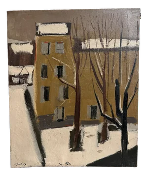 City Scene with Houses in Winter Snow, 1953, Oil Painting