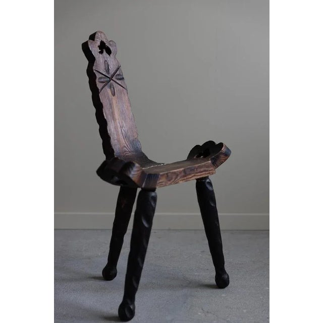 French Wabi Sabi Wooden Carved Tripod Chair, 1890s For Sale - Image 6 of 10