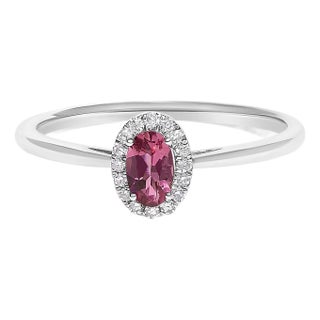 10K White Gold 5X3MM Oval Pink Tourmaline and Diamond Accent Halo Ring (I-J Color, I1-I2 Clarity) - Ring Size 7.5 For Sale
