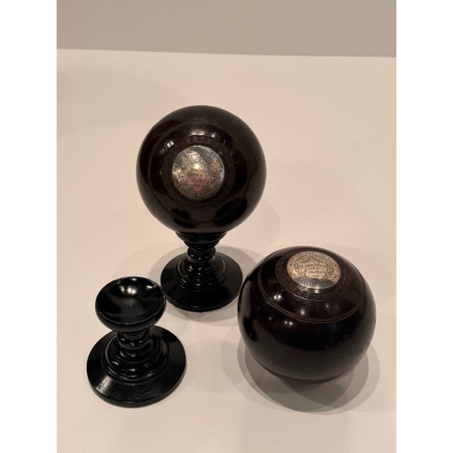 Wood Victorian Carpet Balls on Stands With Sterling Silver Plaques -a Pair For Sale - Image 7 of 13