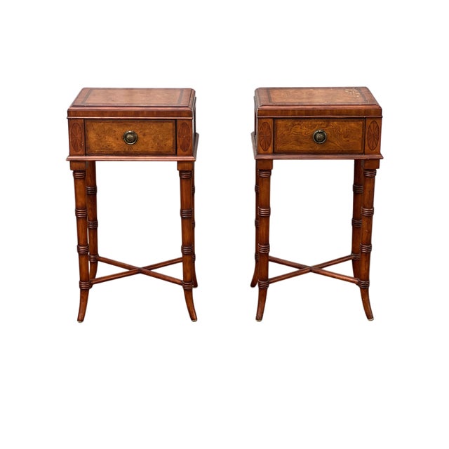 1980s Pair Ethan Allen Faux Bamboo Burl Sofa/Bedside Tables For Sale - Image 5 of 13