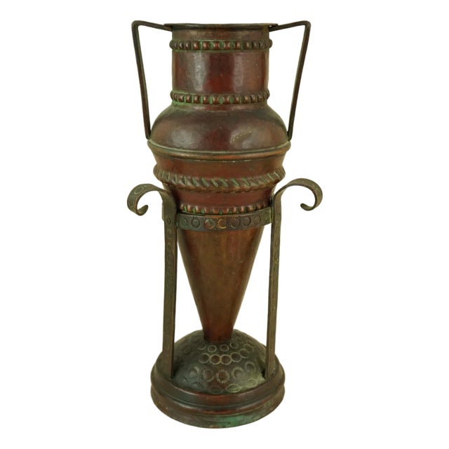 20th Century Art Deco Pointed Amphora Vase with Copper Stand attributed to Claudius Linossier, France, 1930s, Set of 2 For Sale